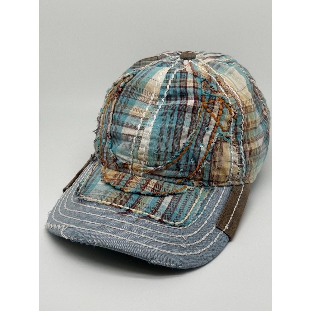 True Religion Hat Cap Leather Strap Back Vintage Y2K Plaid Buddha Brand Sequin